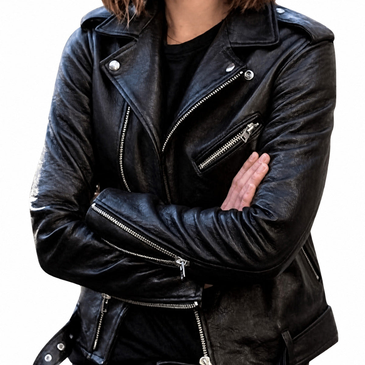 Isla - Women's Slim Fit Biker Jacket with Zip Pockets and Notch Lapel