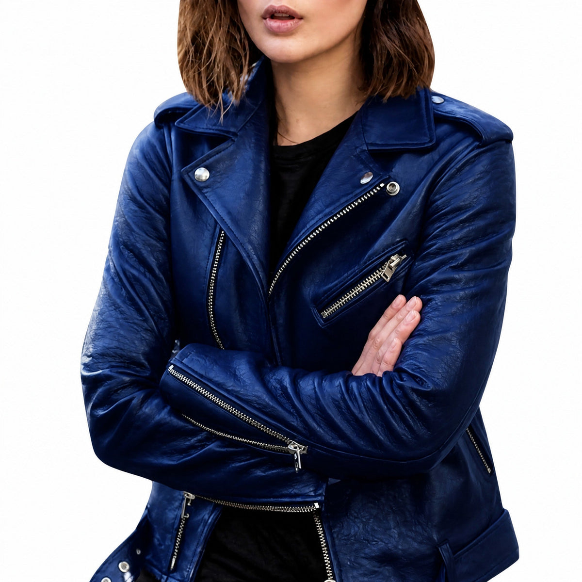 Isla - Women's Slim Fit Biker Jacket with Zip Pockets and Notch Lapel
