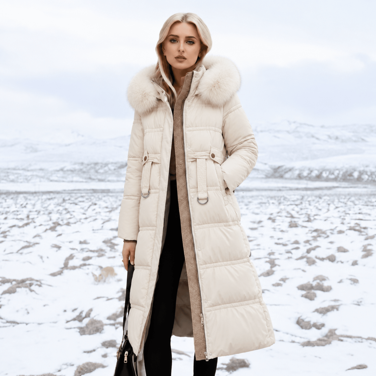 Jacqueline - Women's Longline Belted Parka with Faux Fur Hood