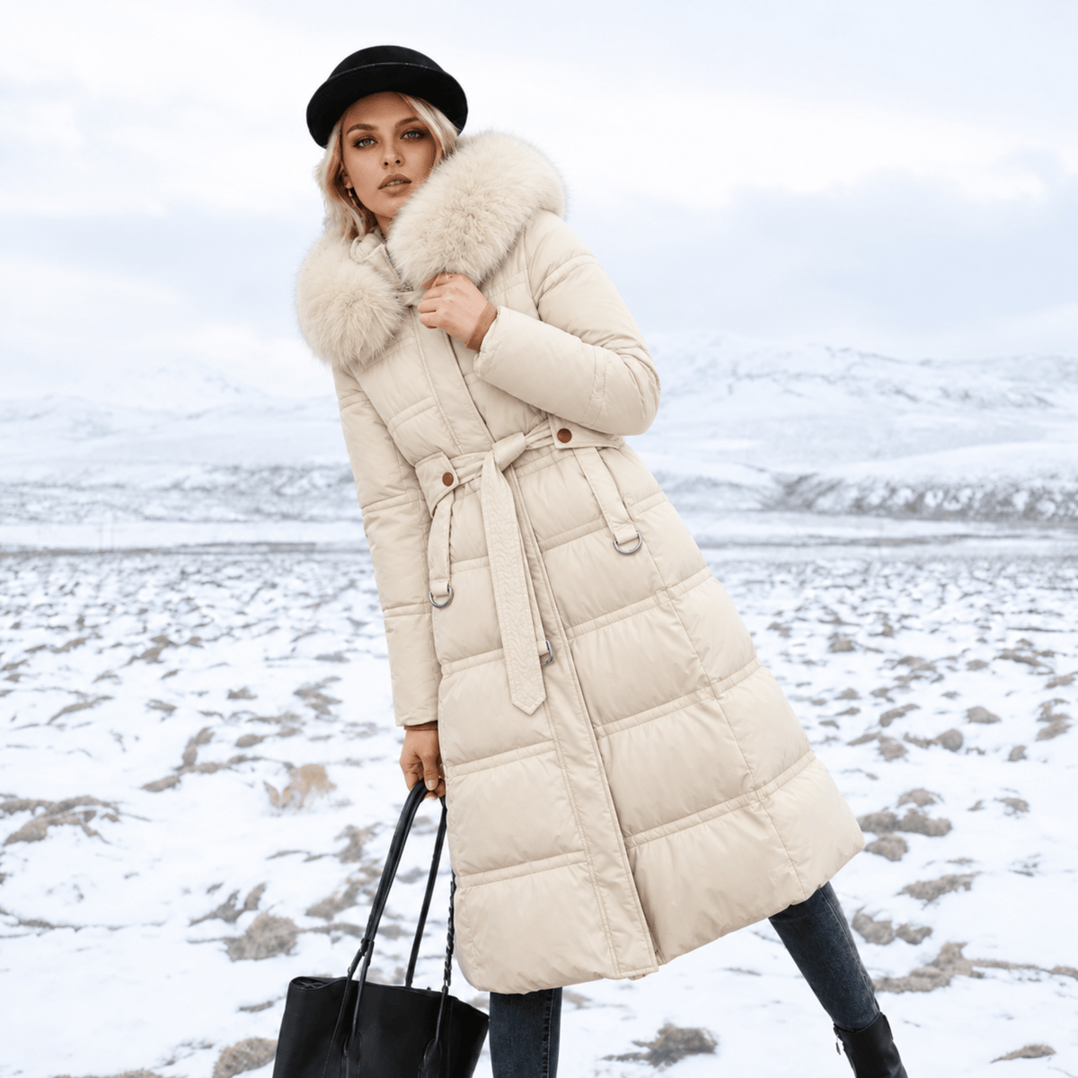 Jacqueline - Women's Longline Belted Parka with Faux Fur Hood