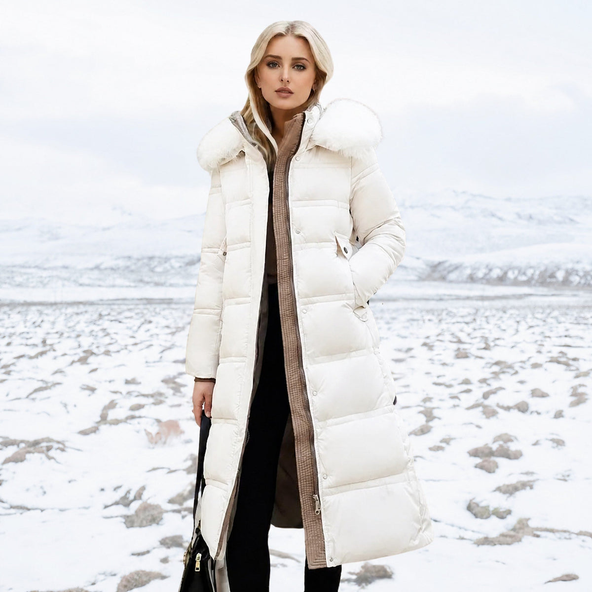 Jacqueline - Women's Longline Belted Parka with Faux Fur Hood