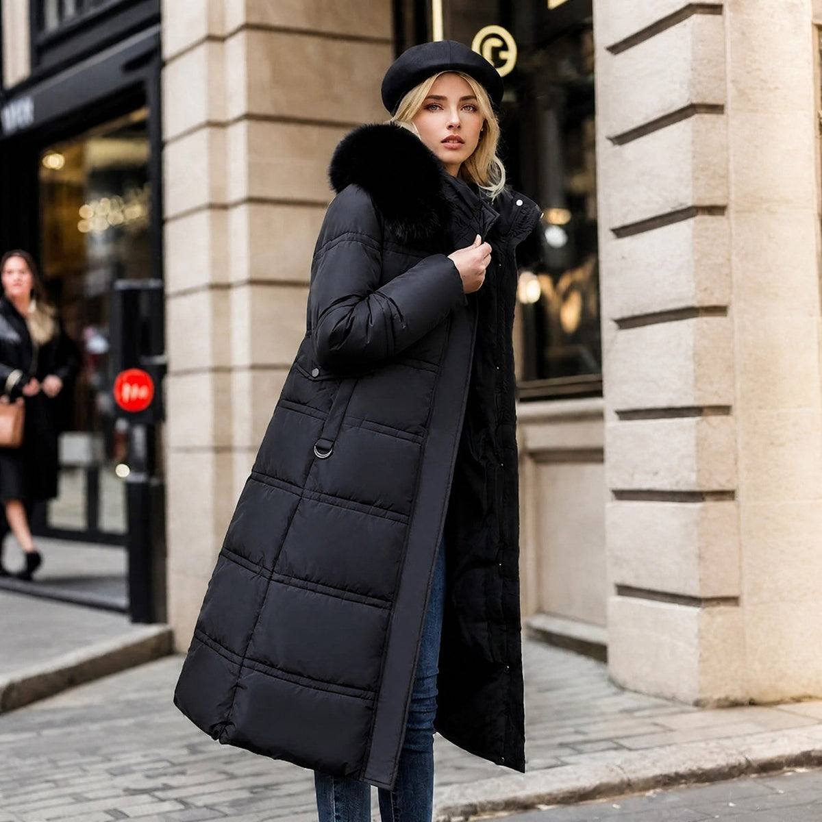 Jacqueline - Women's Longline Belted Parka with Faux Fur Hood
