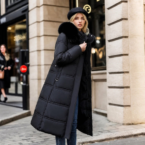 Jacqueline - Women's Longline Belted Parka with Faux Fur Hood