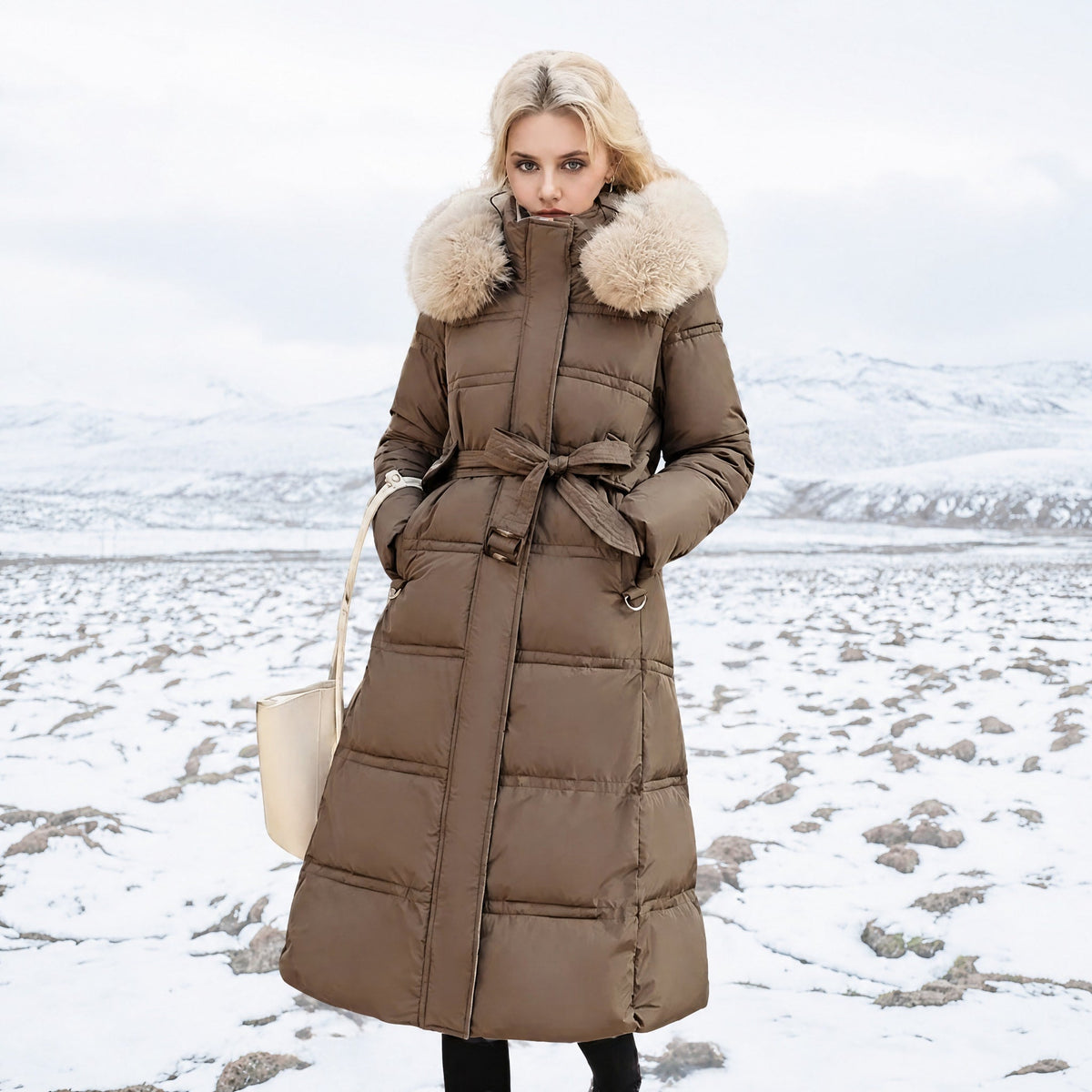 Jacqueline - Women's Longline Belted Parka with Faux Fur Hood