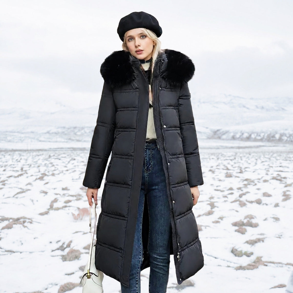 Jacqueline - Women's Longline Belted Parka with Faux Fur Hood