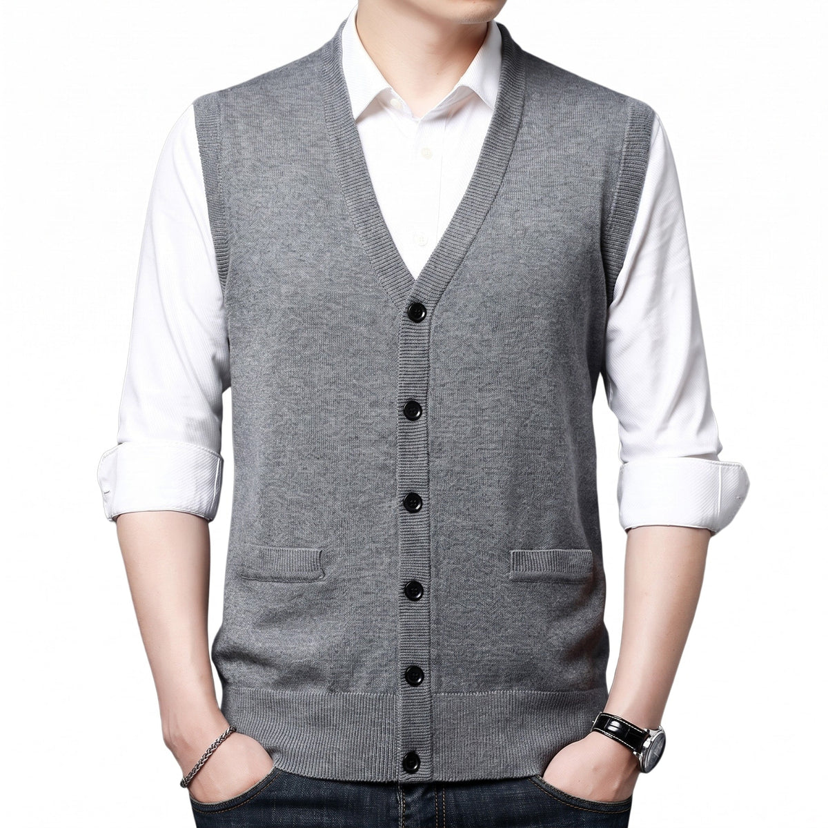 James - Men's Button-Front Knit Sweater Vest with V-Neck