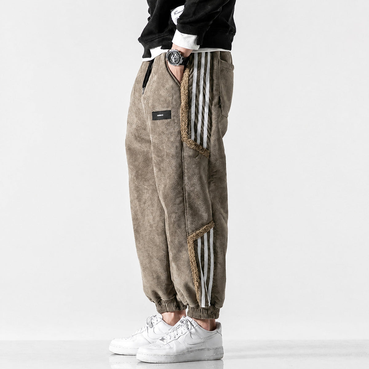 James - Men's Sherpa-Lined Striped Cargo Joggers with Elasticated Cuffs