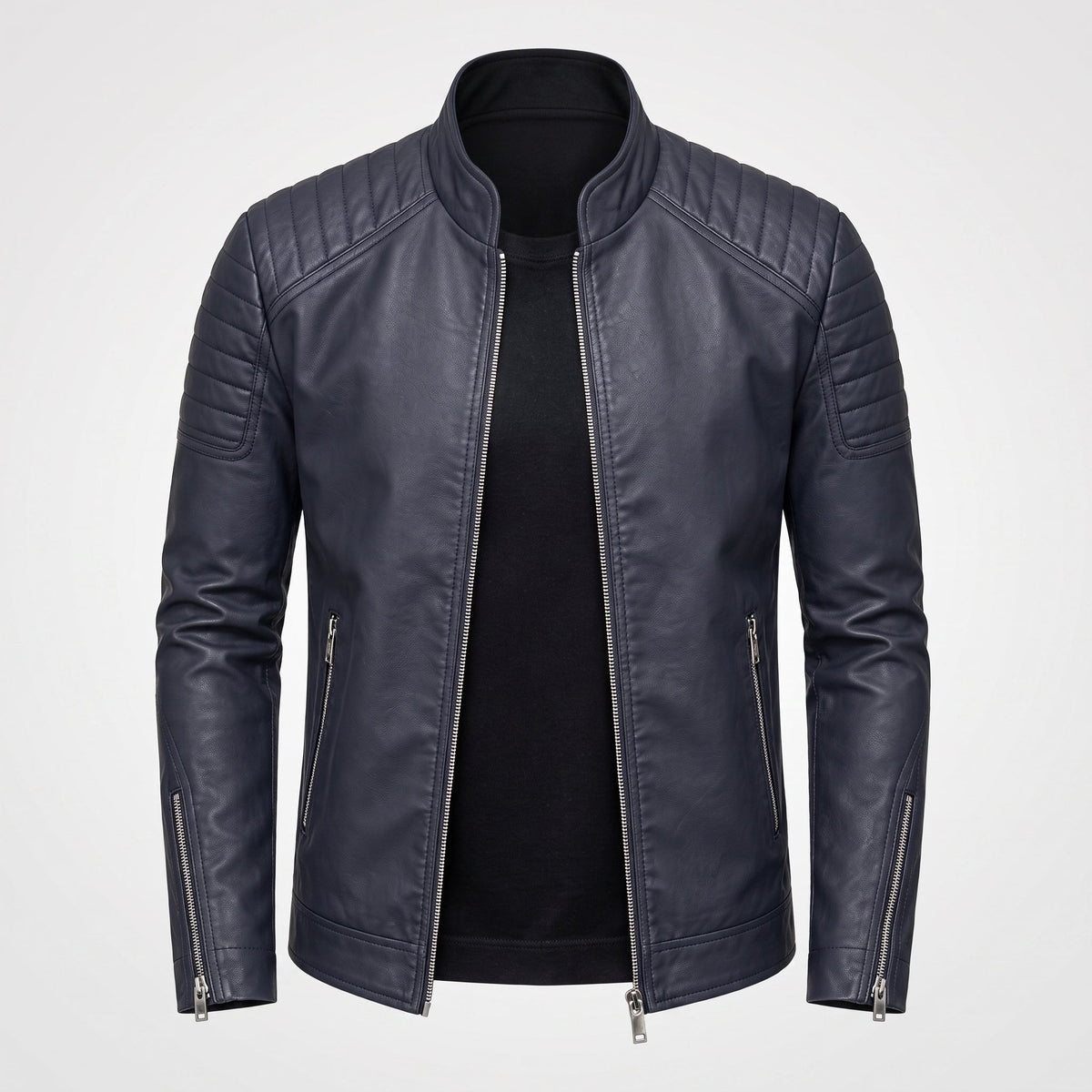 James - Men's Slim Fit Leather Biker Jacket with Snap Collar