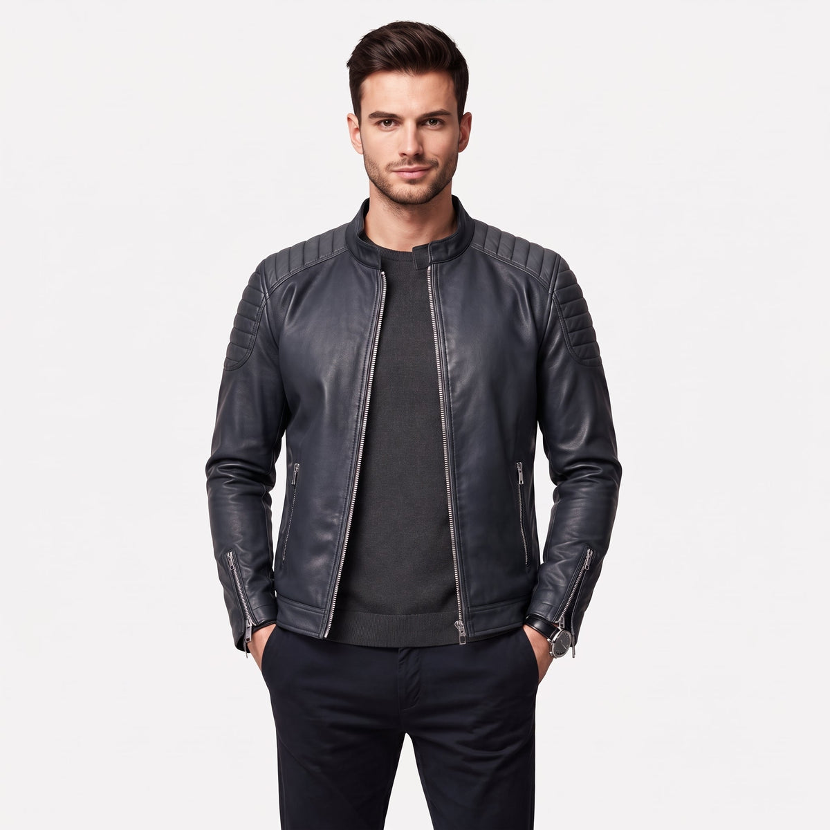 James - Men's Slim Fit Leather Biker Jacket with Snap Collar