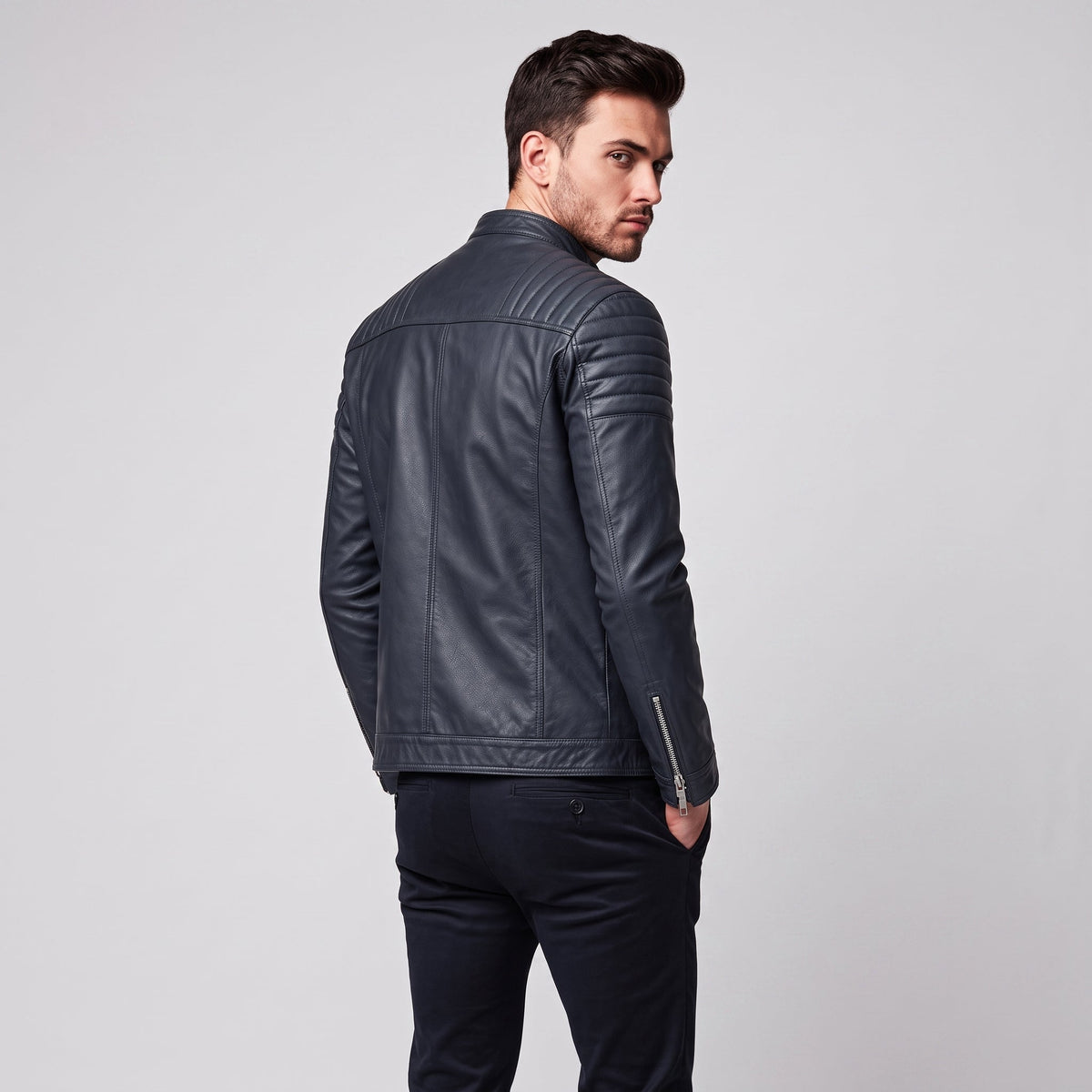 James - Men's Slim Fit Leather Biker Jacket with Snap Collar