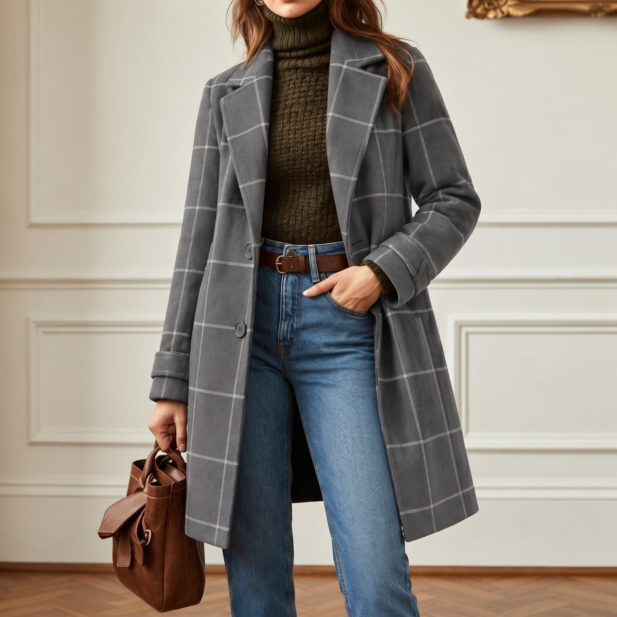 Jennifer - Women's Checkered Wool-Look Overcoat with Notched Lapel Collar