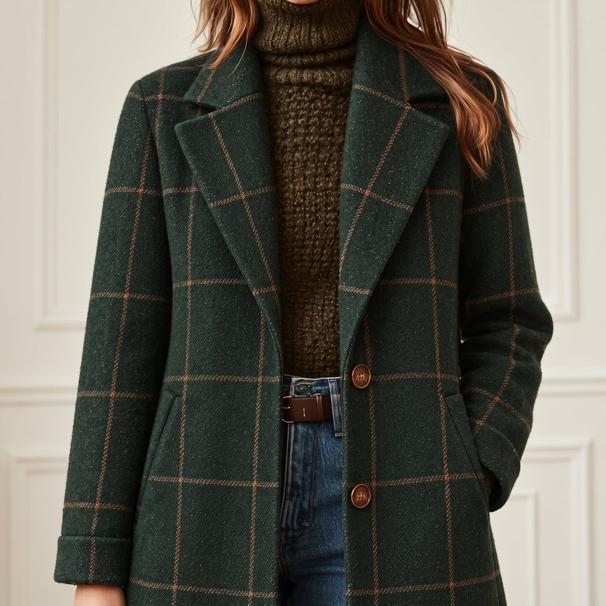 Jennifer - Women's Checkered Wool-Look Overcoat with Notched Lapel Collar