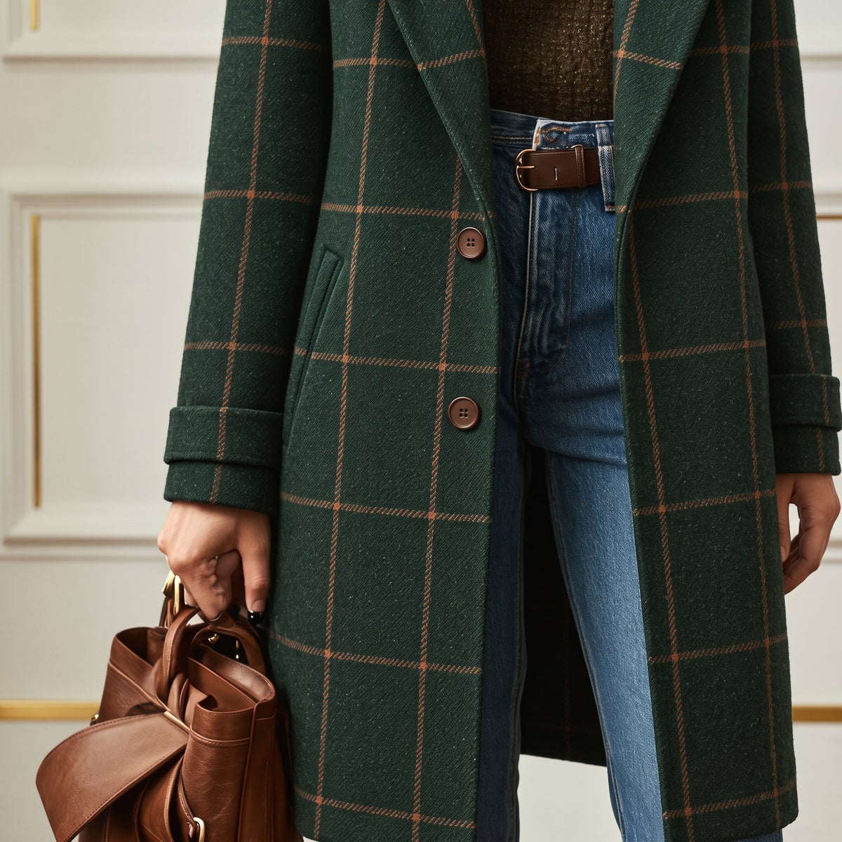 Jennifer - Women's Checkered Wool-Look Overcoat with Notched Lapel Collar