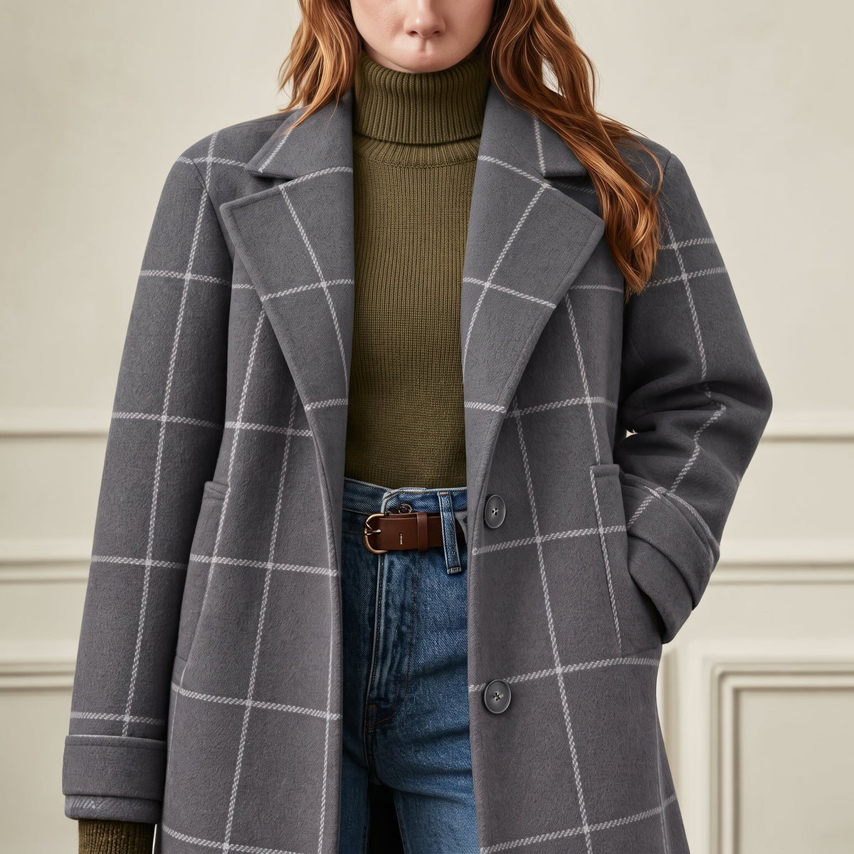Jennifer - Women's Checkered Wool-Look Overcoat with Notched Lapel Collar