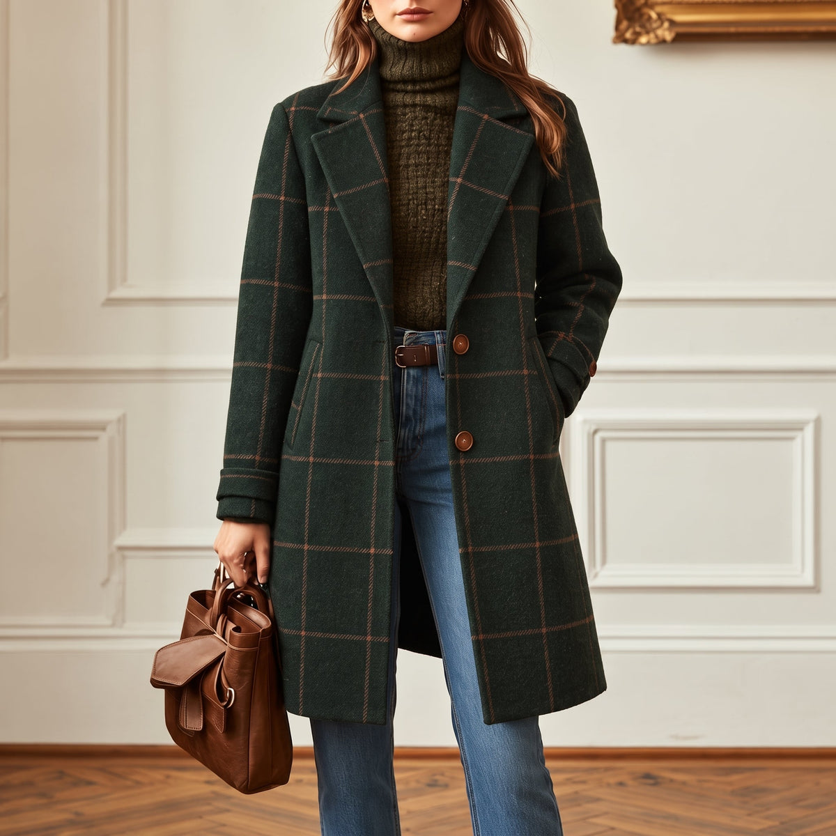 Jennifer - Women's Checkered Wool-Look Overcoat with Notched Lapel Collar