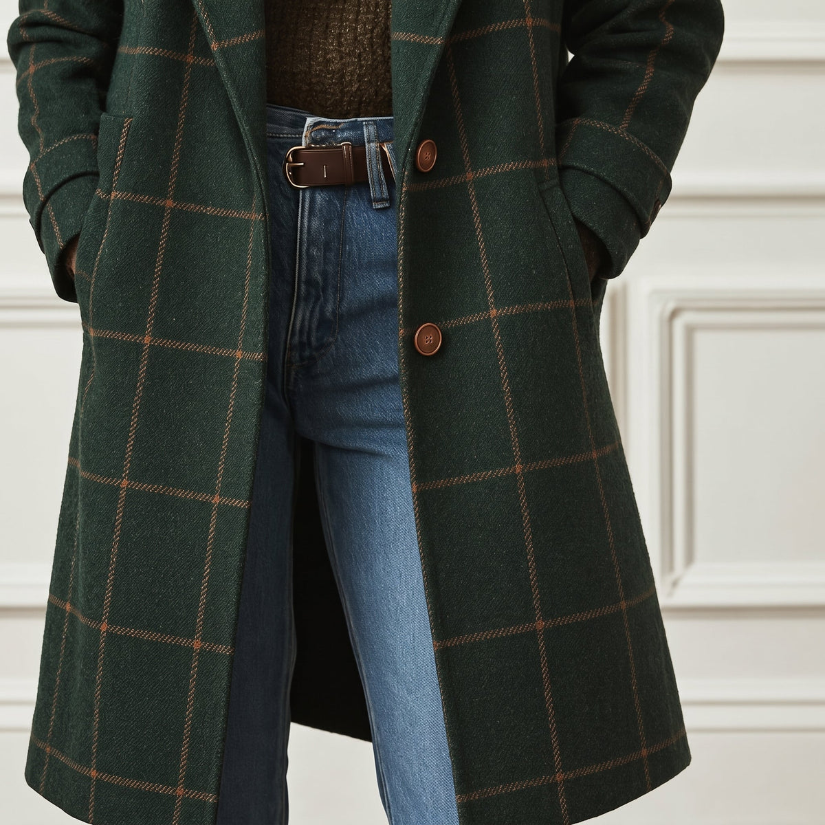 Jennifer - Women's Checkered Wool-Look Overcoat with Notched Lapel Collar