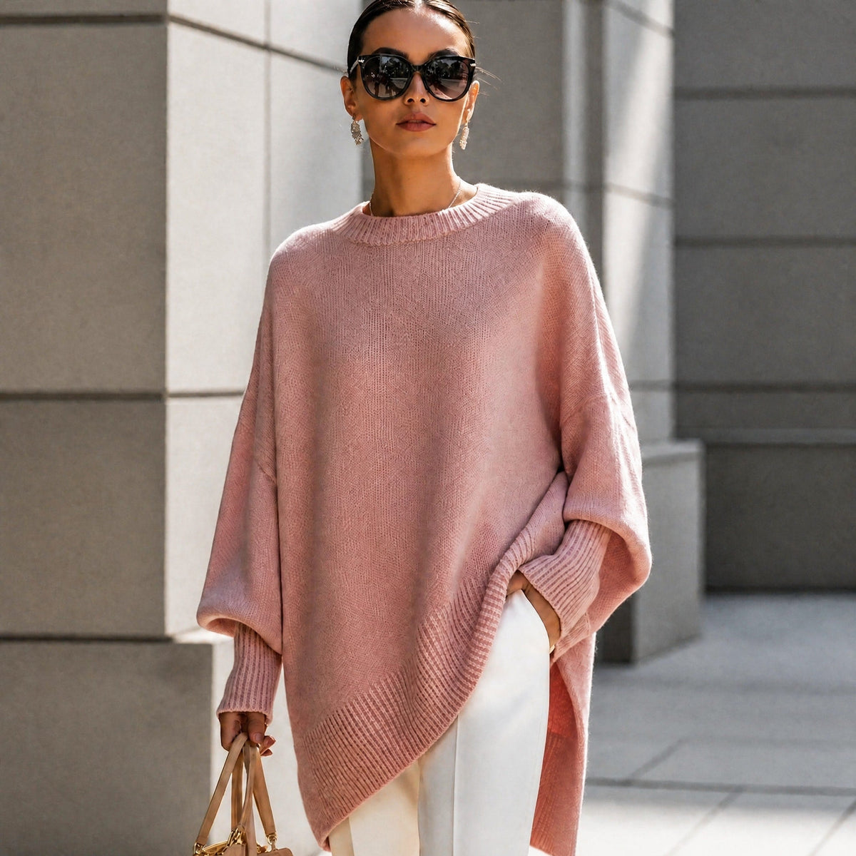 Jennifer - Women's Oversized Asymmetrical Hem Crewneck Sweater