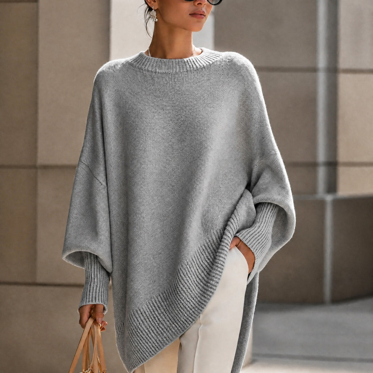 Jennifer - Women's Oversized Asymmetrical Hem Crewneck Sweater