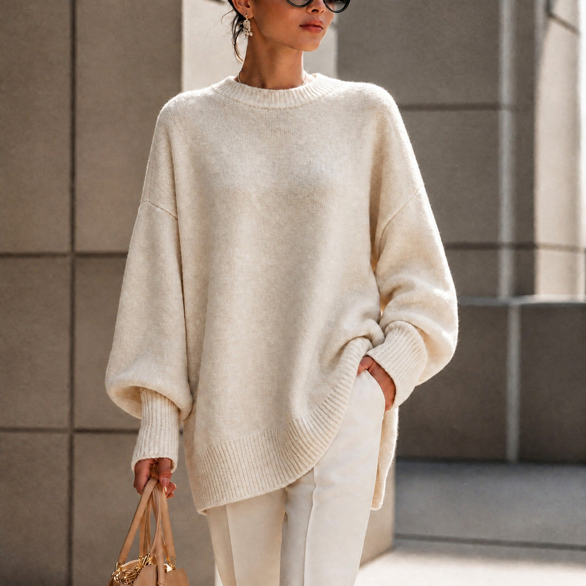 Jennifer - Women's Oversized Asymmetrical Hem Crewneck Sweater