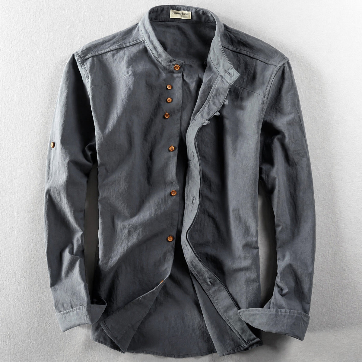 Julian - Men's Stand Collar Button-Down Shirt with Roll-Up Sleeves