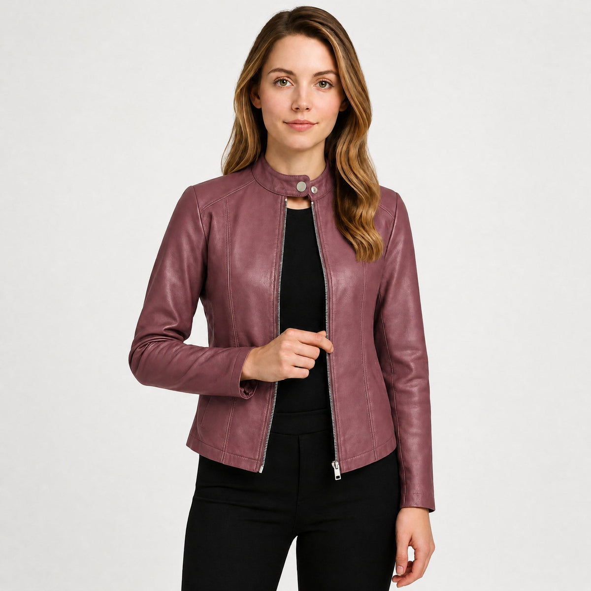 Klara - Women's Cropped Fitted Moto Jacket with Zip Closure and Snap Collar