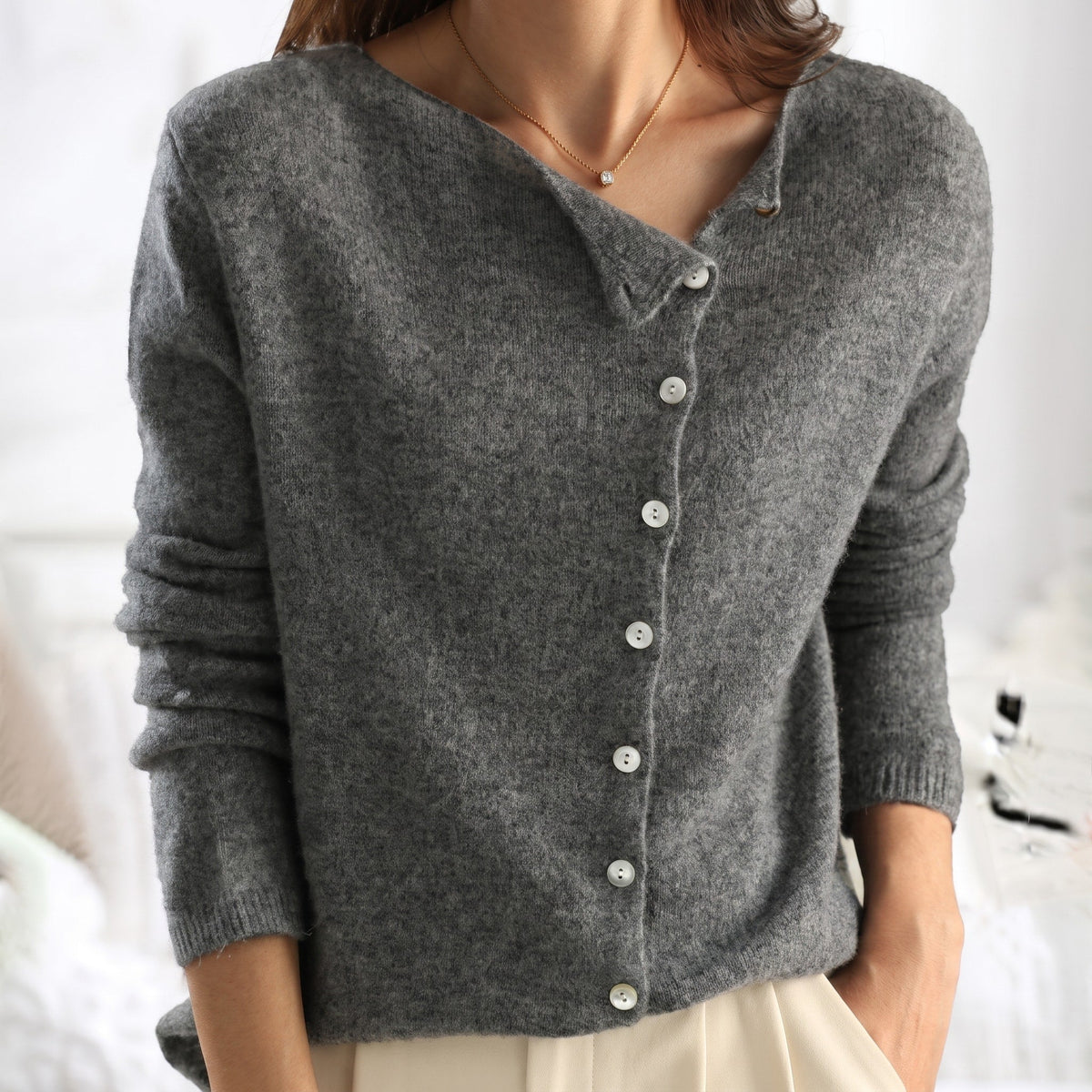 Lia - Women's Relaxed Asymmetric Button-Front Cardigan