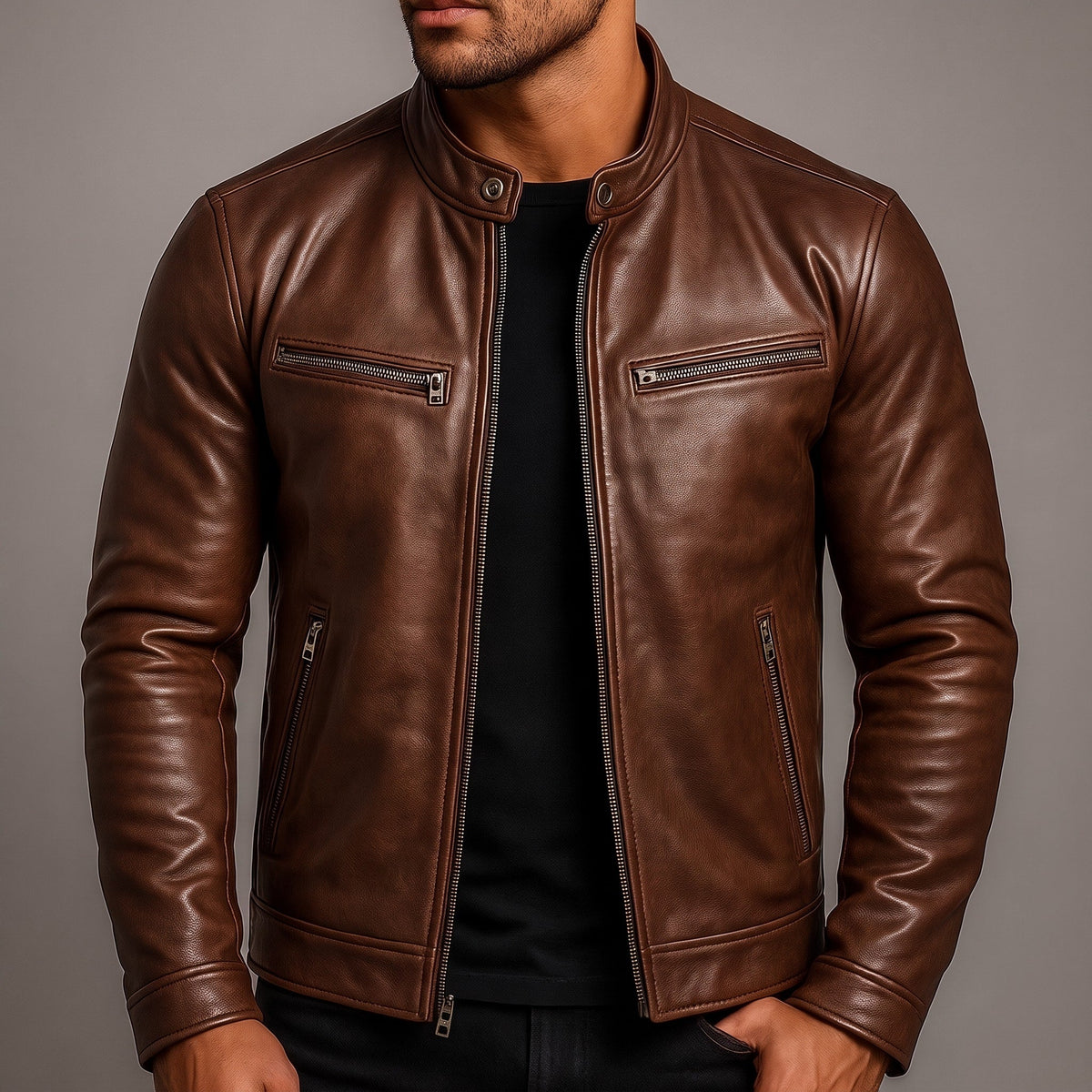 Marcus - Men's Classic Zip-Up Biker Jacket with Snap Collar