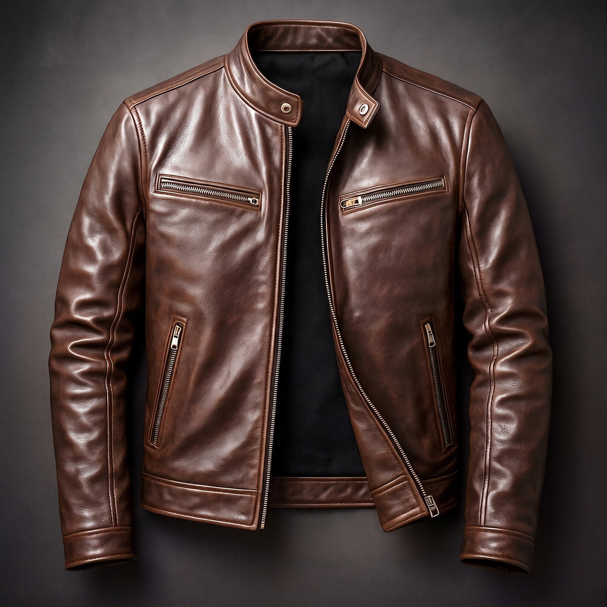 Marcus - Men's Classic Zip-Up Biker Jacket with Snap Collar