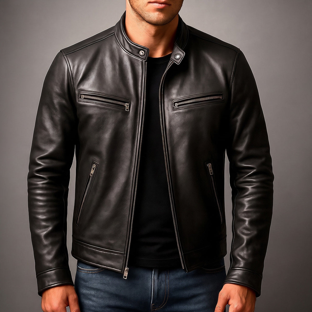 Marcus - Men's Classic Zip-Up Biker Jacket with Snap Collar