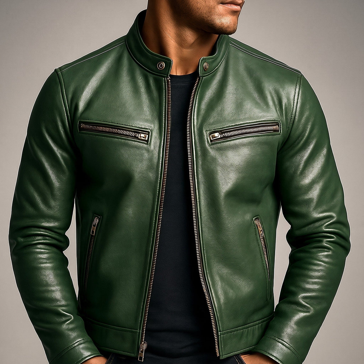 Marcus - Men's Classic Zip-Up Biker Jacket with Snap Collar