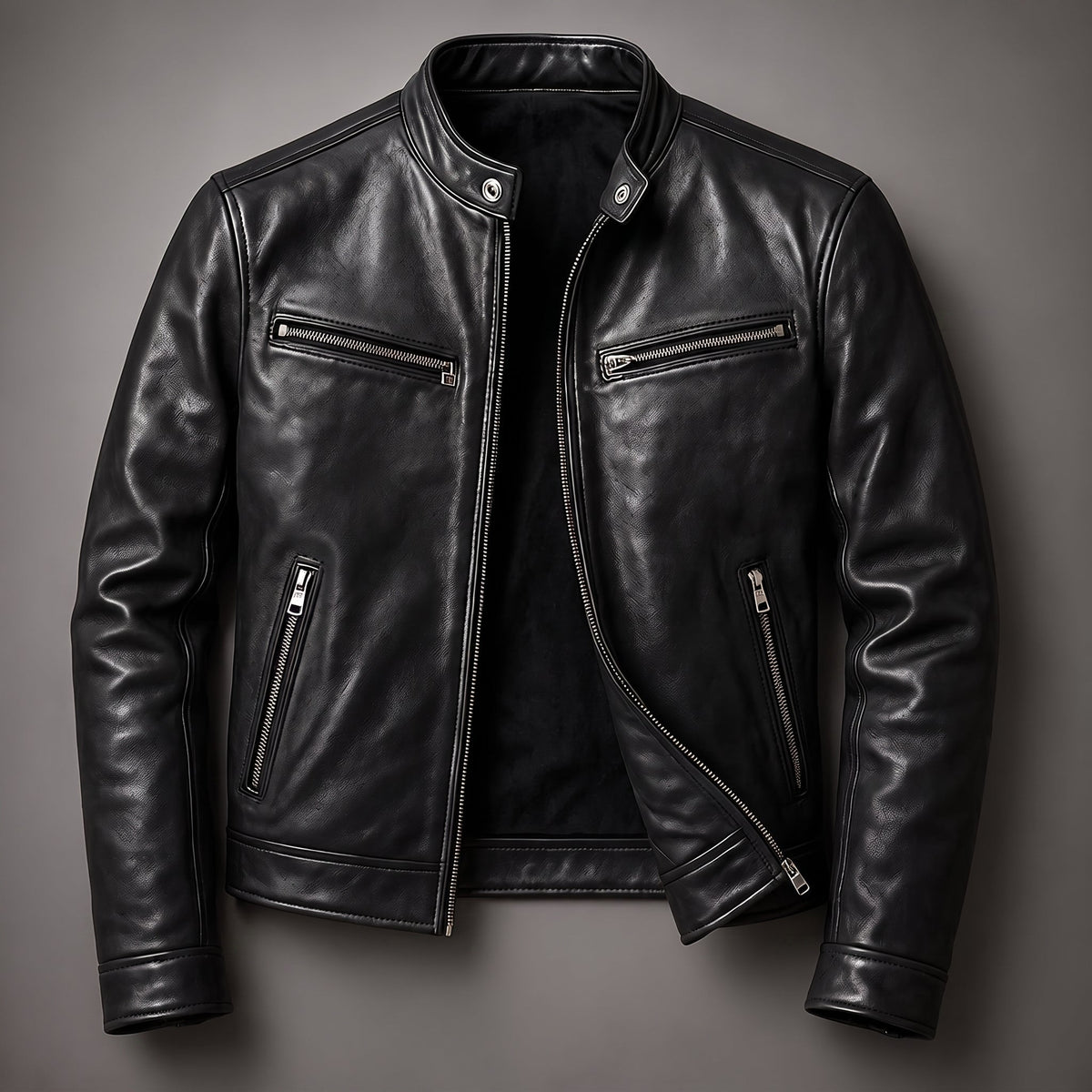 Marcus - Men's Classic Zip-Up Biker Jacket with Snap Collar