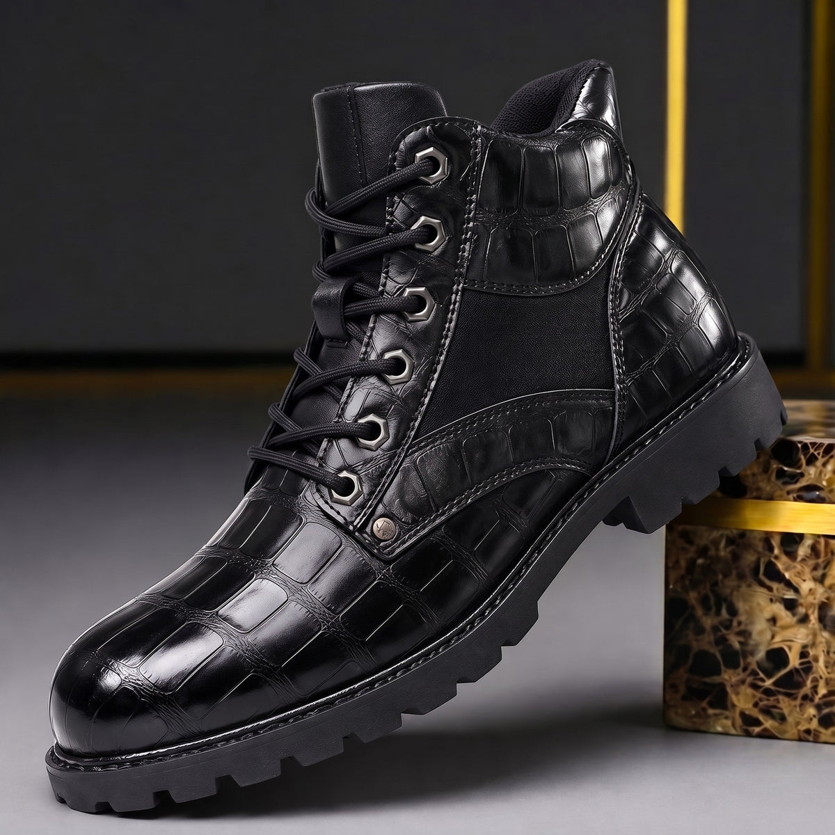 Marcus - Men's Croc-Embossed Lace-Up Ankle Boots with Lug Sole