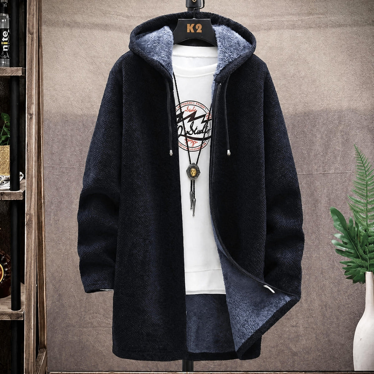Marcus - Men's Hooded Longline Knit Coat with Zip Closure