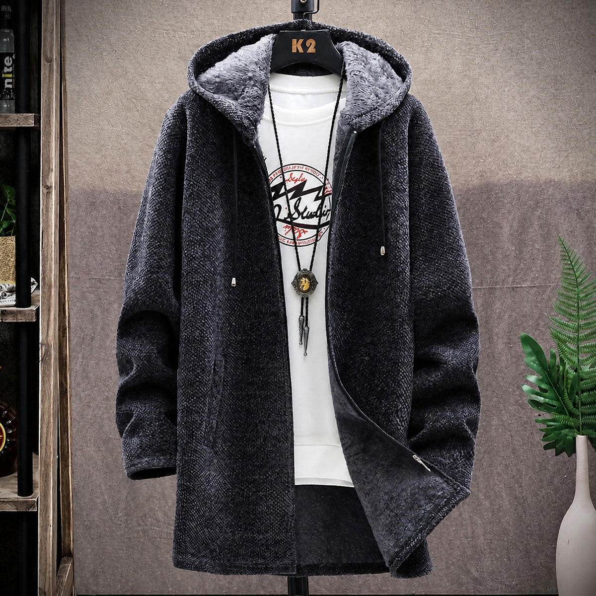 Marcus - Men's Hooded Longline Knit Coat with Zip Closure