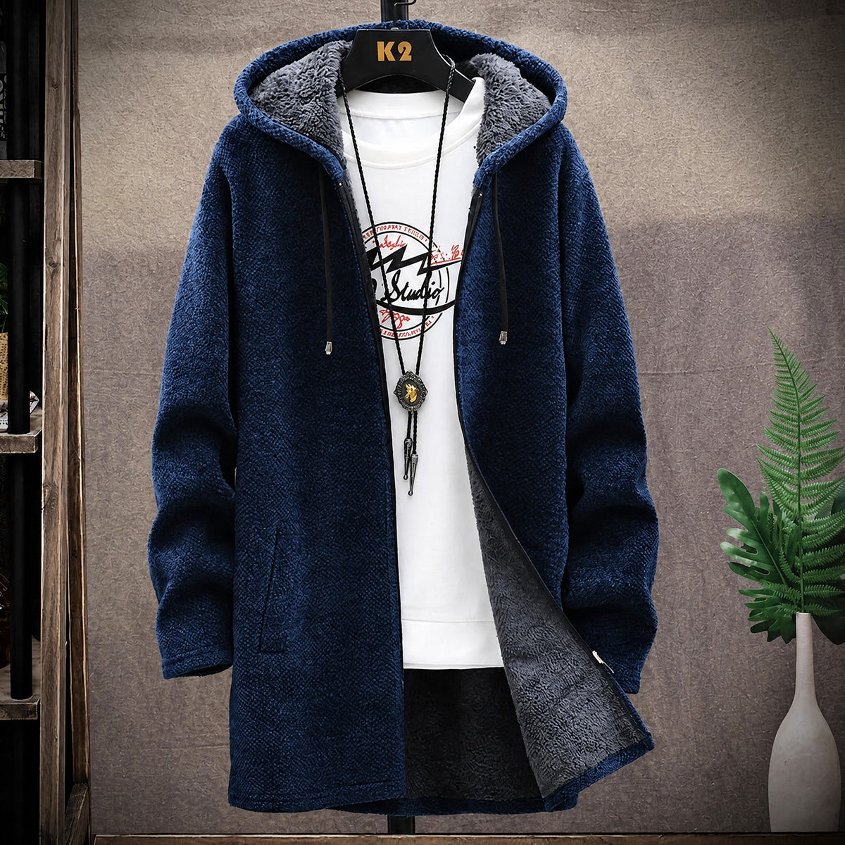 Marcus - Men's Hooded Longline Knit Coat with Zip Closure
