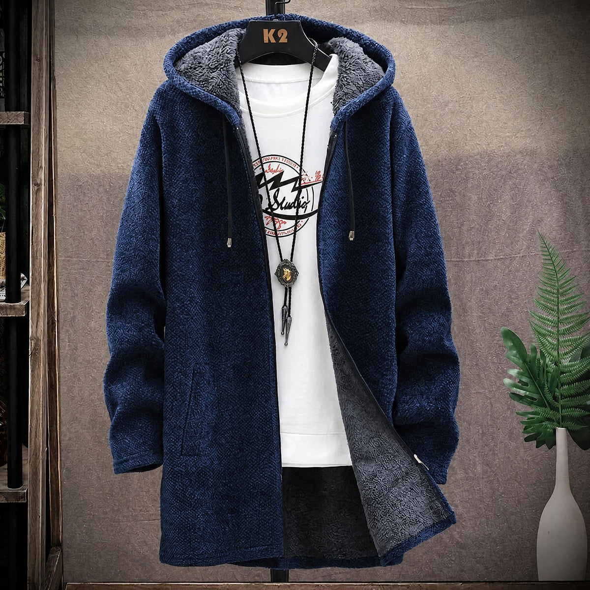 Marcus - Men's Hooded Longline Knit Coat with Zip Closure