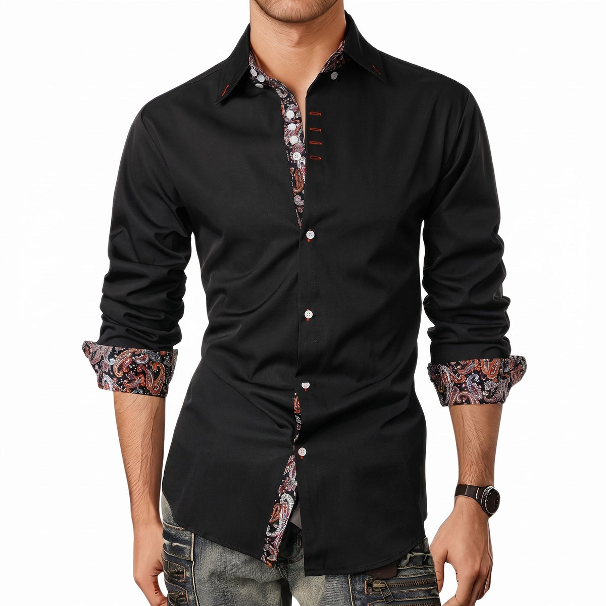 Marcus - Men's Slim Fit Button-Down Shirt with Paisley Trim