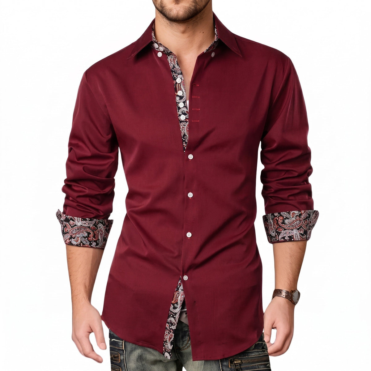 Marcus - Men's Slim Fit Button-Down Shirt with Paisley Trim