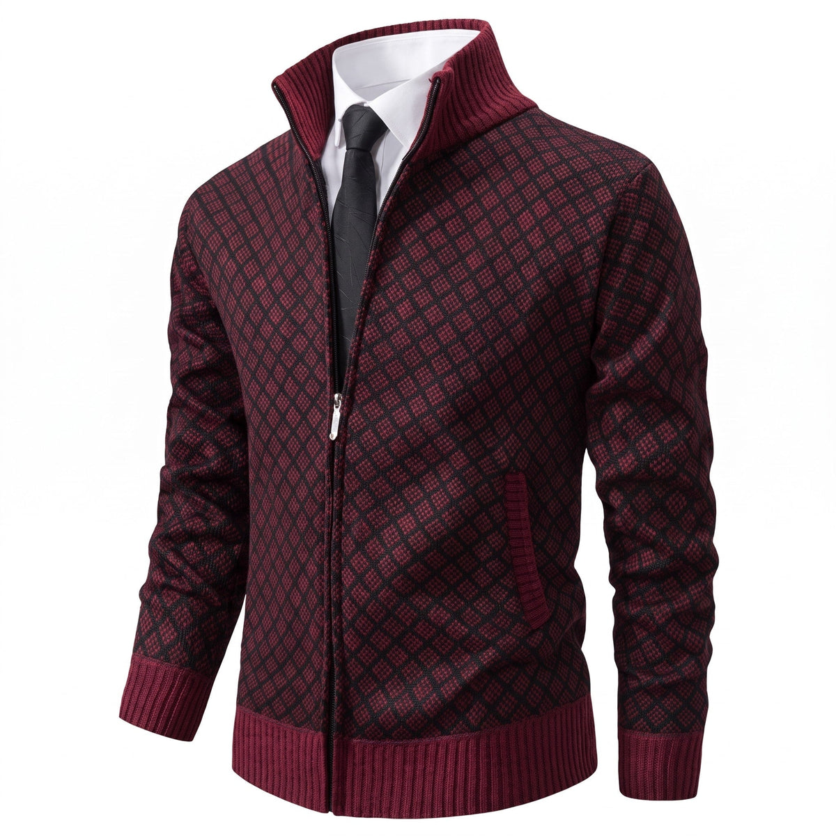 Marcus - Men's Zip-Up Diamond Knit Pattern and Stand Collar