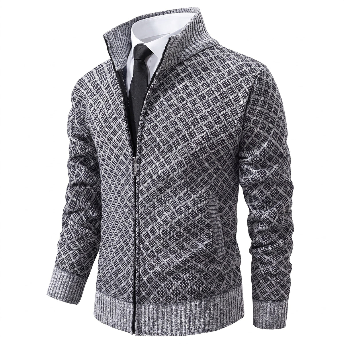 Marcus - Men's Zip-Up Diamond Knit Pattern and Stand Collar