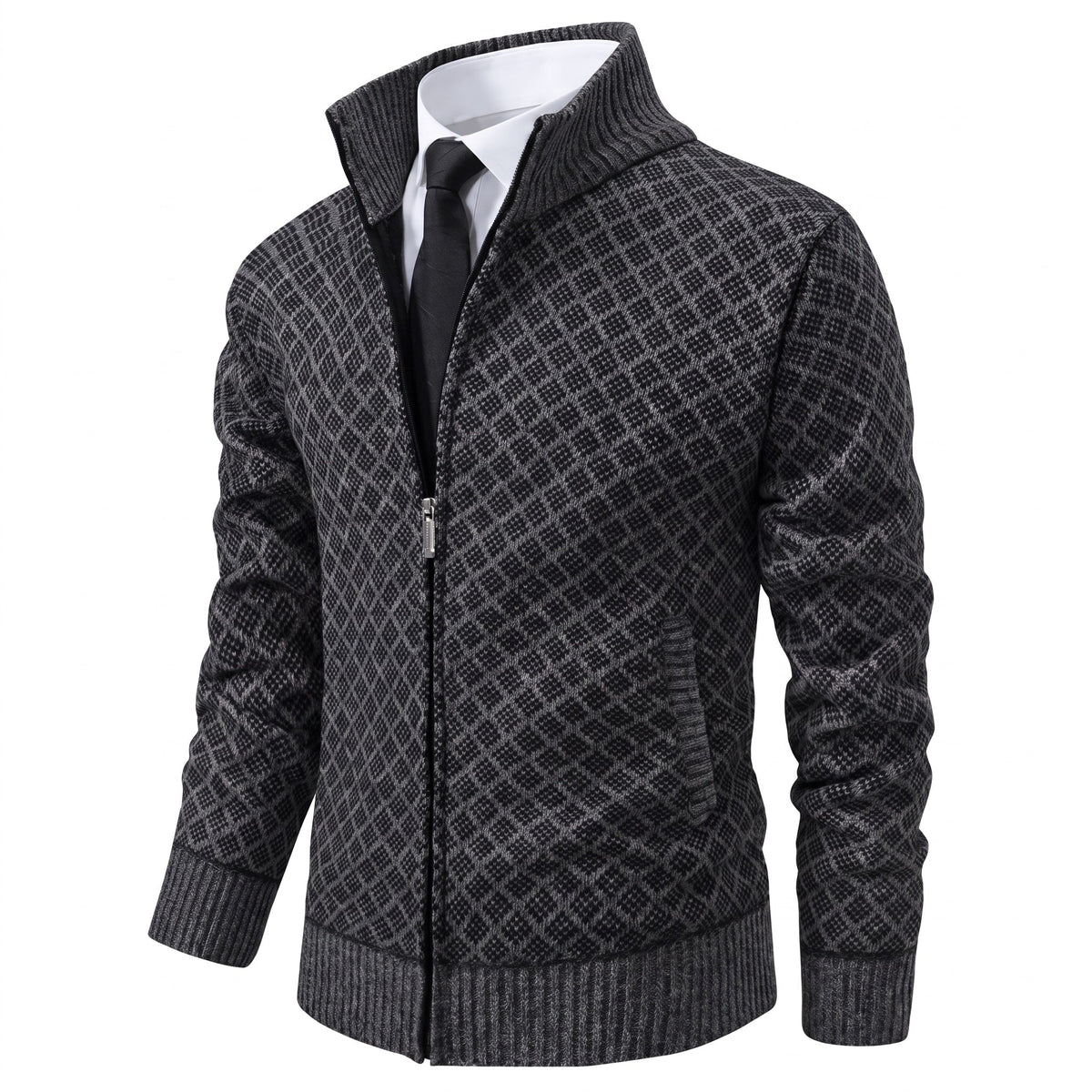 Marcus - Men's Zip-Up Diamond Knit Pattern and Stand Collar
