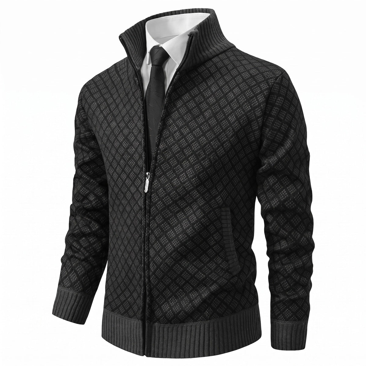 Marcus - Men's Zip-Up Diamond Knit Pattern and Stand Collar