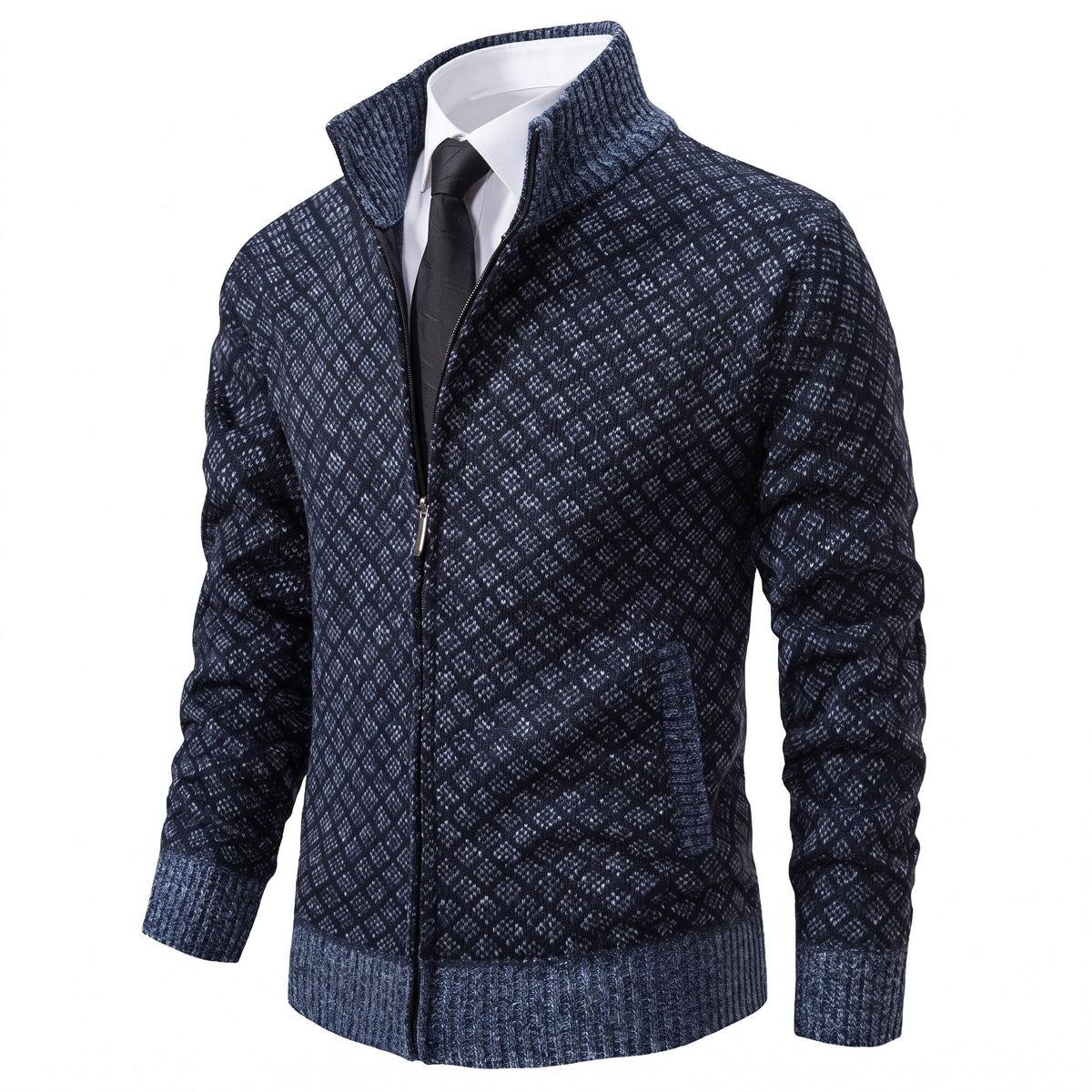 Marcus - Men's Zip-Up Diamond Knit Pattern and Stand Collar