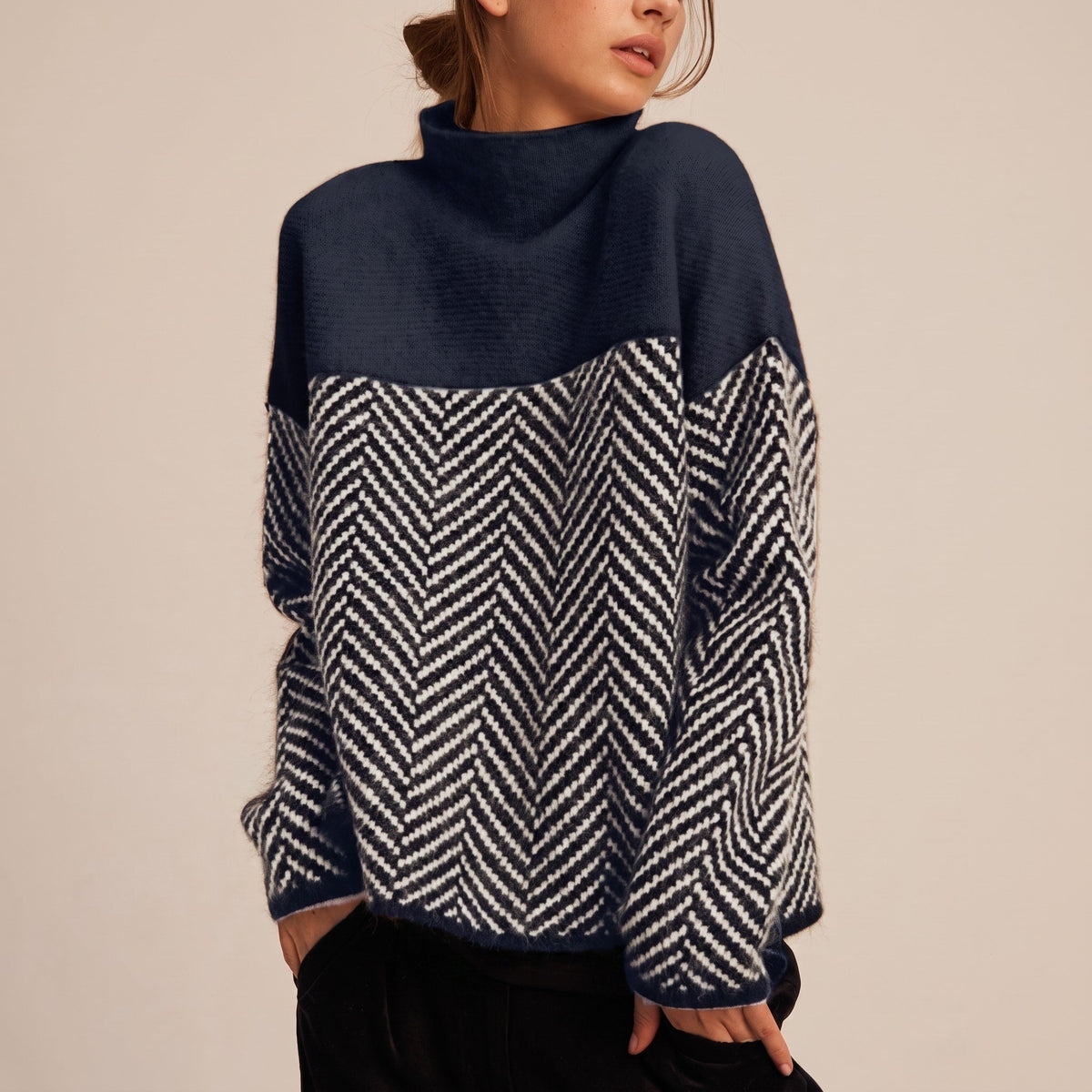 Molly - Women's Chevron Turtleneck Sweater with Colorblock Funnel