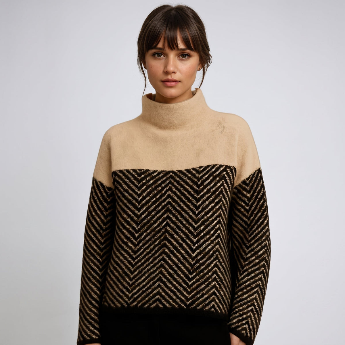 Molly - Women's Chevron Turtleneck Sweater with Colorblock Funnel