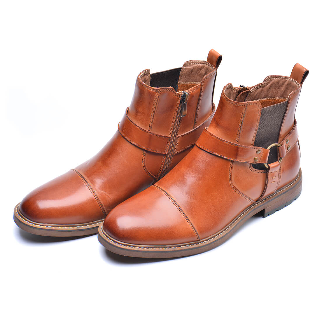 Jasper - Men's Buckle Strap Harness Ankle Boots with Cap Toe Design