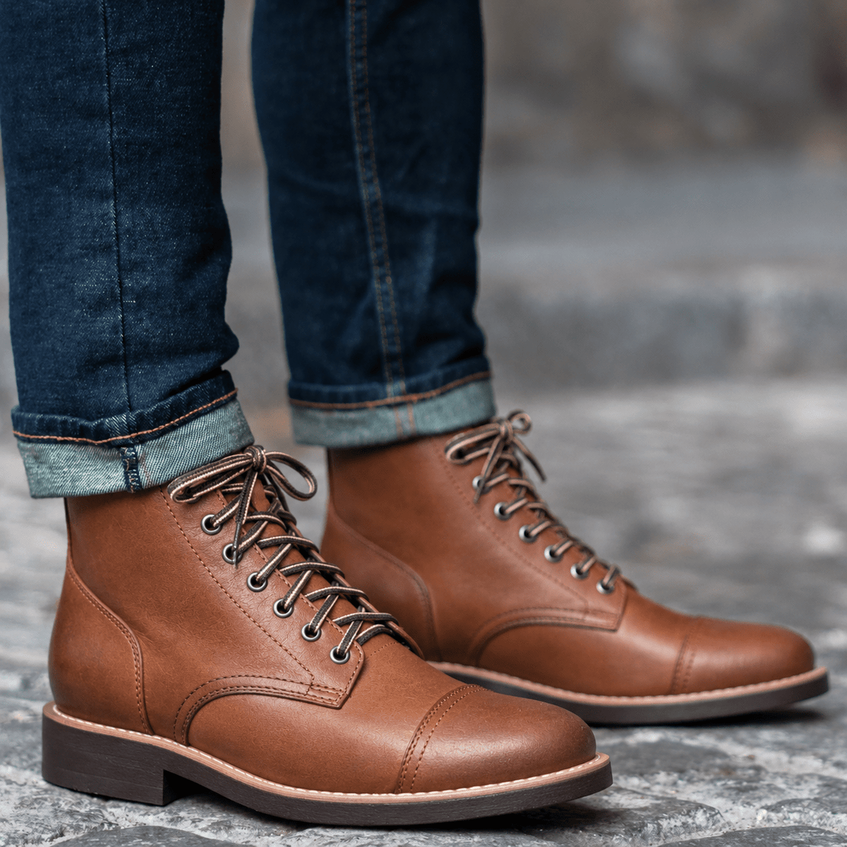 Owen - Men's Lace-Up Stacked Heel Ankle Boots with Contrast Sole