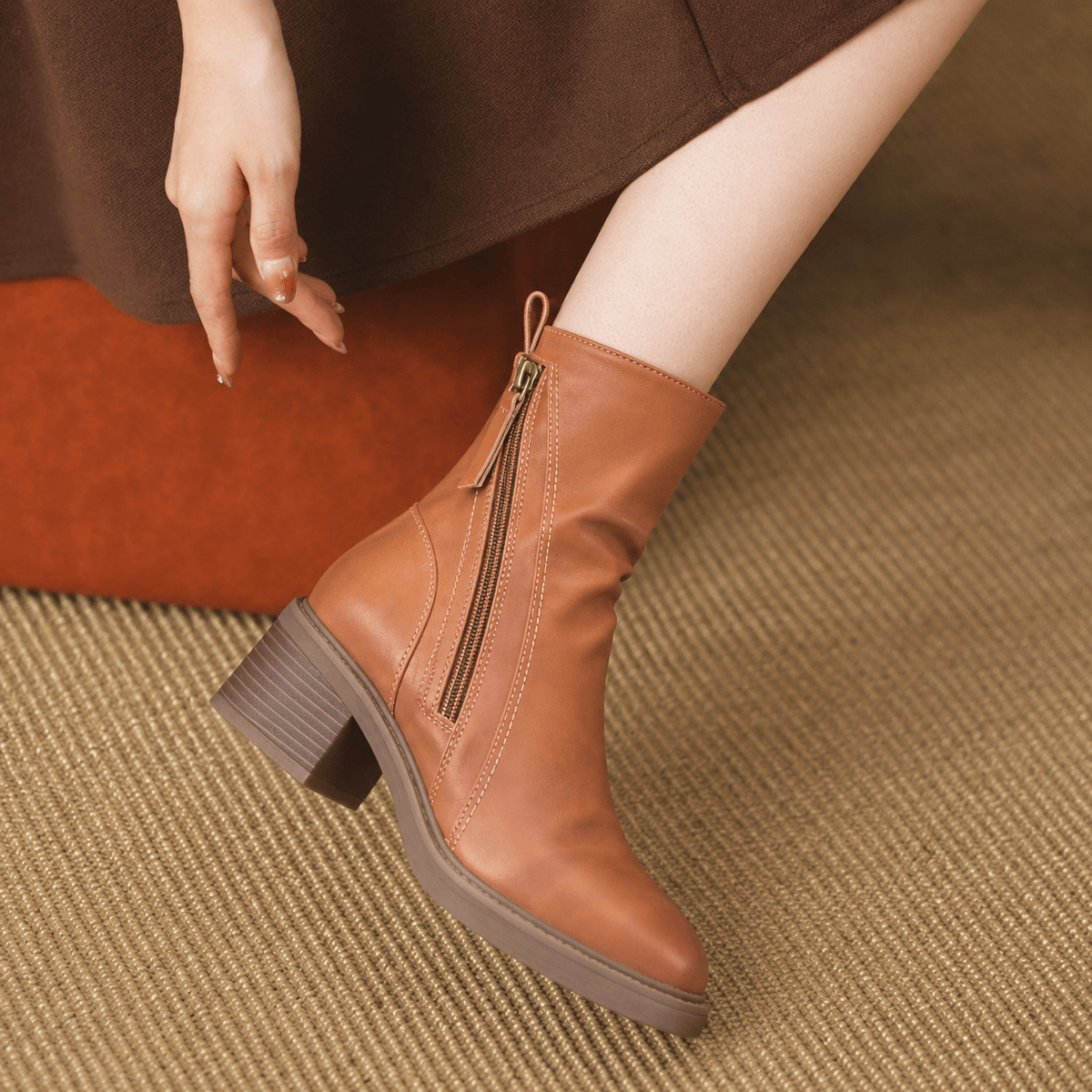Daphne - Women's Block Heel Zip-Up Ankle Boots with Tassel Pull