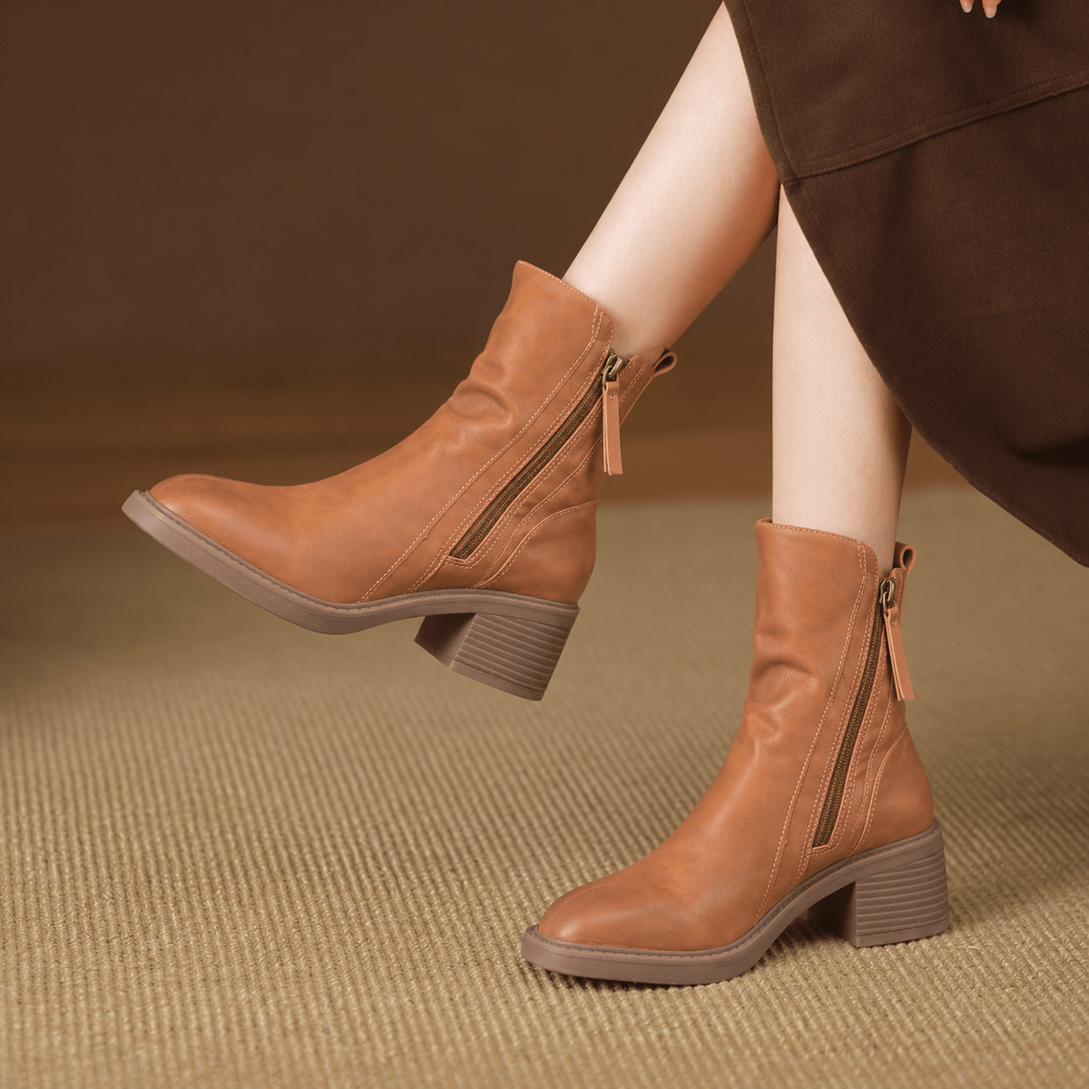Daphne - Women's Block Heel Zip-Up Ankle Boots with Tassel Pull