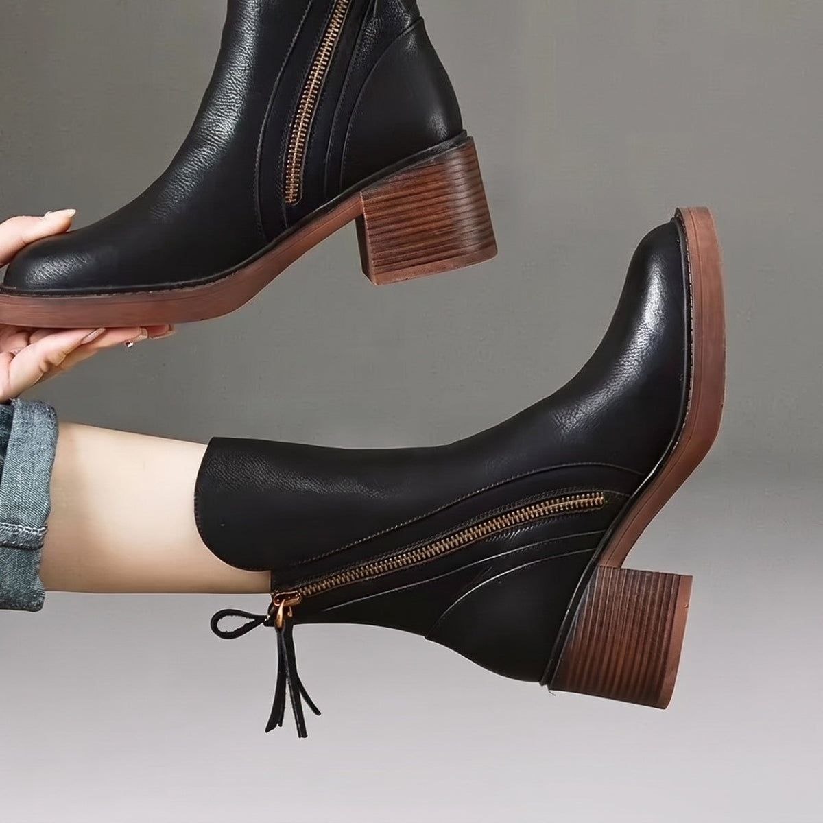Daphne - Women's Block Heel Zip-Up Ankle Boots with Tassel Pull